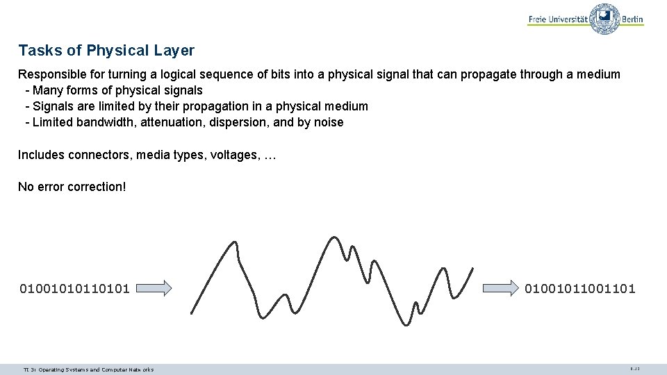Tasks of Physical Layer Responsible for turning a logical sequence of bits into a Tasks of Physical Layer Responsible for turning a logical sequence of bits into a