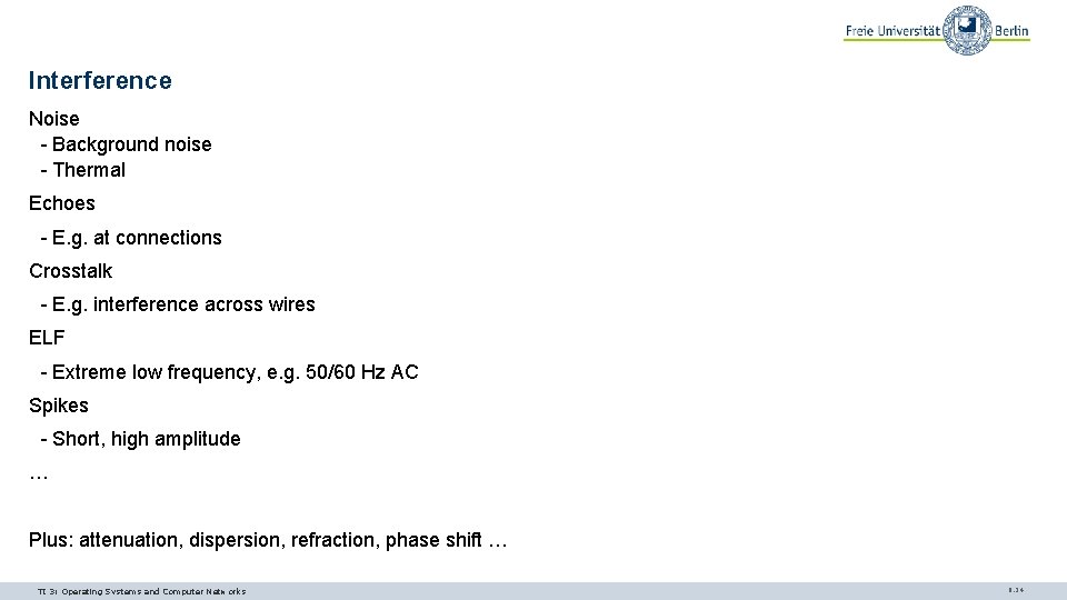 Interference Noise - Background noise - Thermal Echoes - E. g. at connections Crosstalk Interference Noise - Background noise - Thermal Echoes - E. g. at connections Crosstalk