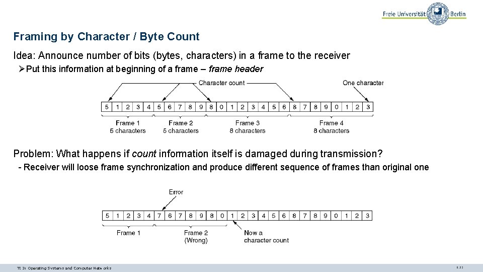 Framing by Character / Byte Count Idea: Announce number of bits (bytes, characters) in Framing by Character / Byte Count Idea: Announce number of bits (bytes, characters) in
