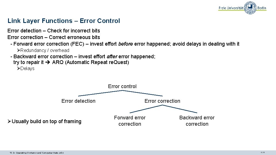 Link Layer Functions – Error Control Error detection – Check for incorrect bits Error Link Layer Functions – Error Control Error detection – Check for incorrect bits Error