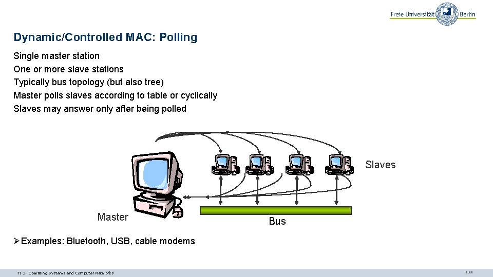 Dynamic/Controlled MAC: Polling Single master station One or more slave stations Typically bus topology Dynamic/Controlled MAC: Polling Single master station One or more slave stations Typically bus topology