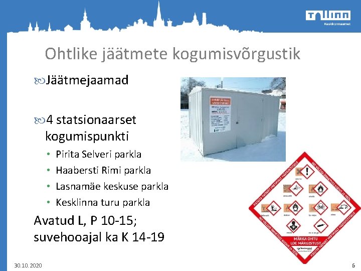 Ohtlike jäätmete kogumisvõrgustik Jäätmejaamad 4 statsionaarset kogumispunkti • • Pirita Selveri parkla Haabersti Rimi