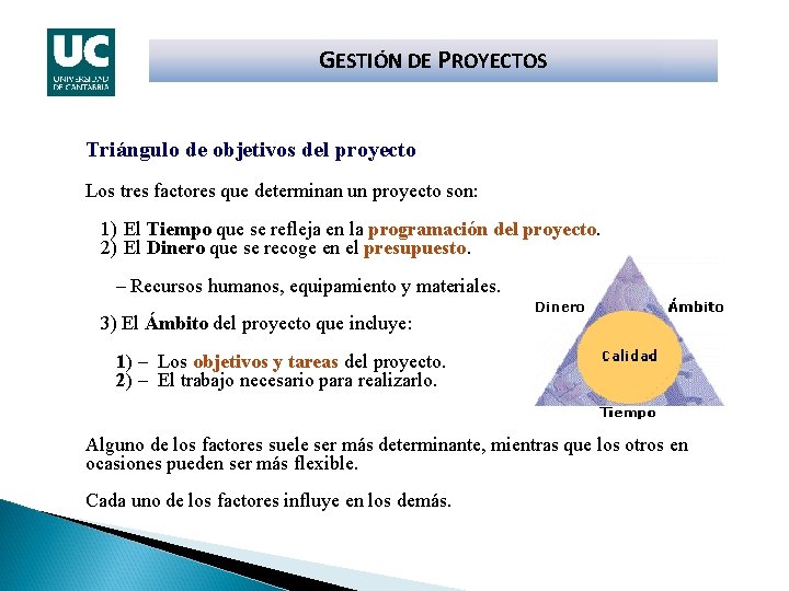 GESTIÓN DE PROYECTOS Triángulo de objetivos del proyecto Los tres factores que determinan un