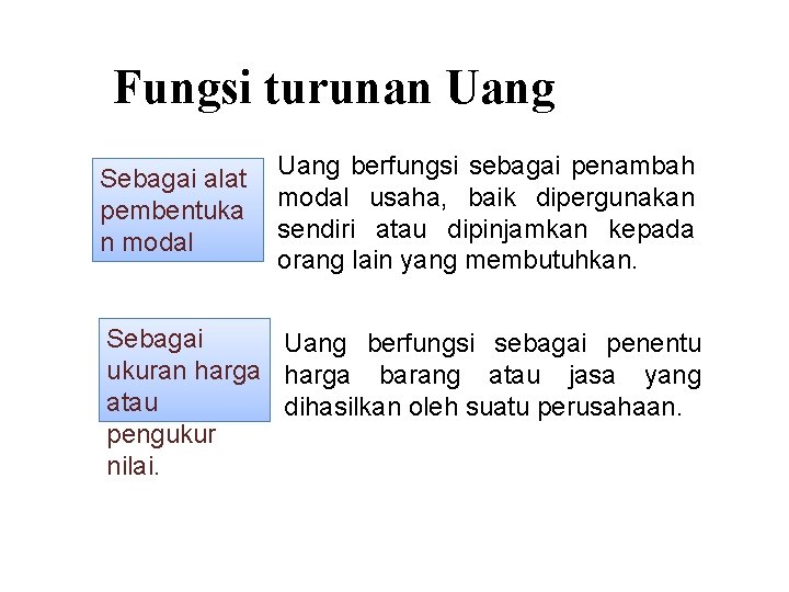 Fungsi turunan Uang Sebagai alat pembentuka n modal Uang berfungsi sebagai penambah modal usaha,