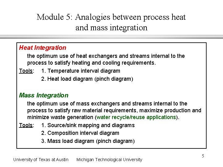 Module 5: Analogies between process heat and mass integration Heat Integration the optimum use