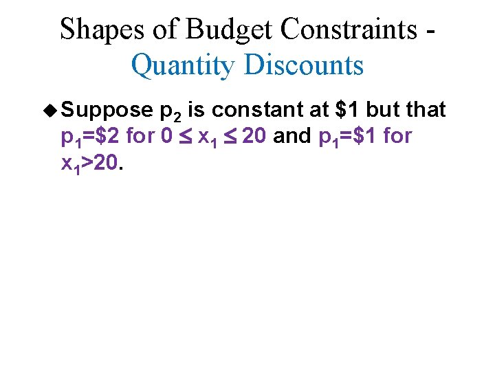 Shapes of Budget Constraints Quantity Discounts u Suppose p 2 is constant at $1