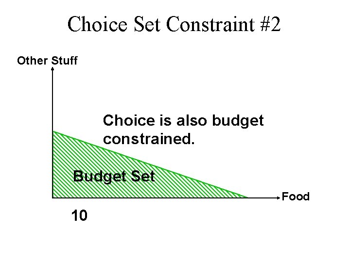 Choice Set Constraint #2 Other Stuff Choice is also budget constrained. Budget Set Food