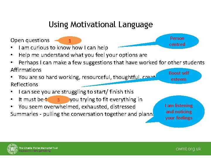 Using Motivational Language Person Open questions 1 centred • I am curious to know