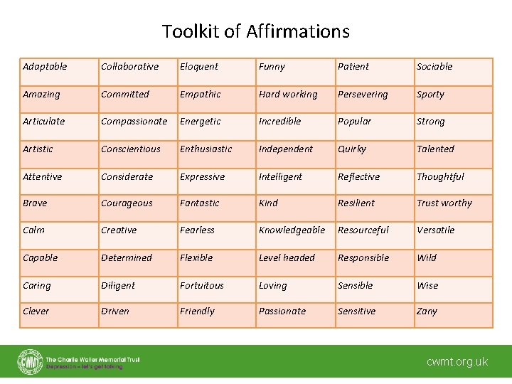 Toolkit of Affirmations Adaptable Collaborative Eloquent Funny Patient Sociable Amazing Committed Empathic Hard working