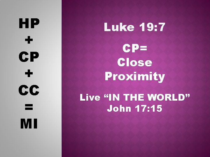 HP + CC = MI Luke 19: 7 CP= Close Proximity Live “IN THE