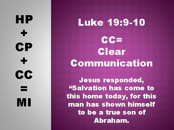 HP + CC = MI Luke 19: 9 -10 CC= Clear Communication Jesus responded,