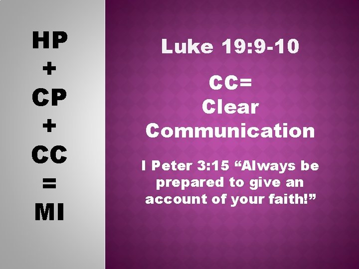 HP + CC = MI Luke 19: 9 -10 CC= Clear Communication I Peter