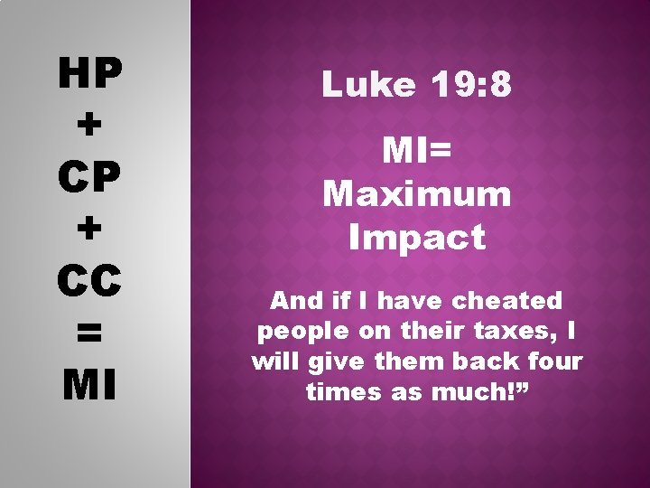 HP + CC = MI Luke 19: 8 MI= Maximum Impact And if I