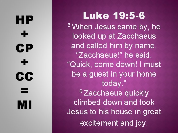 HP + CC = MI Luke 19: 5 -6 5 When Jesus came by,