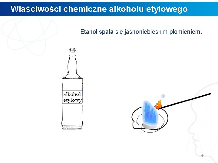 Właściwości chemiczne alkoholu etylowego Etanol spala się jasnoniebieskim płomieniem. 44 
