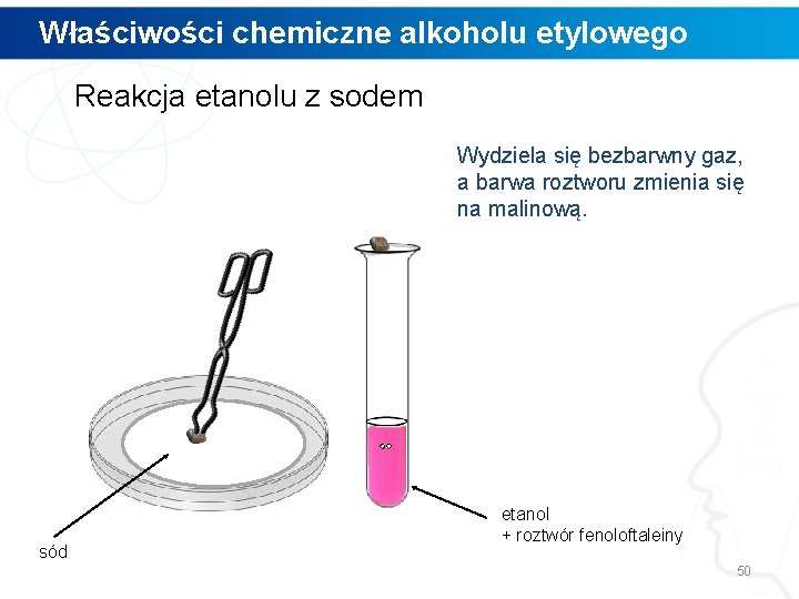 Właściwości chemiczne alkoholu etylowego Reakcja etanolu z sodem Wydziela się bezbarwny gaz, a barwa