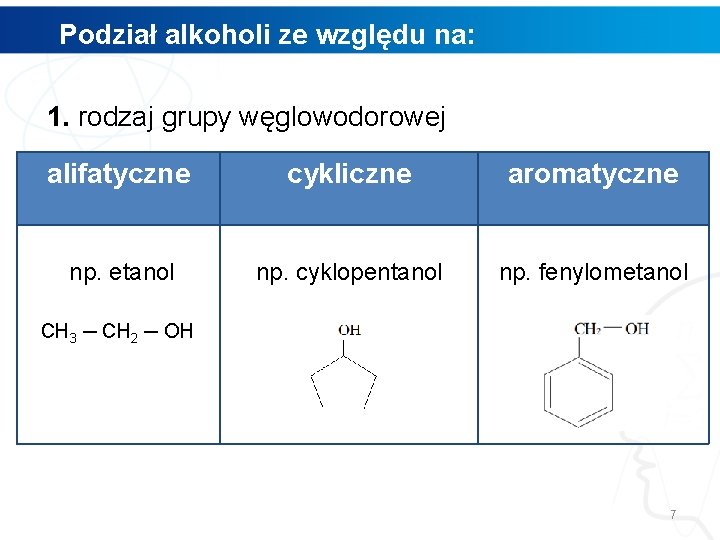Podział alkoholi ze względu na: 1. rodzaj grupy węglowodorowej alifatyczne cykliczne aromatyczne np. etanol