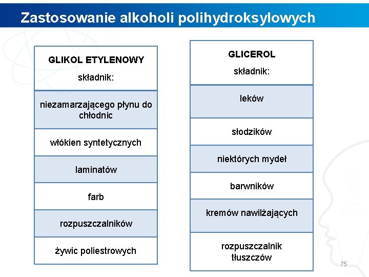 Zastosowanie alkoholi polihydroksylowych GLIKOL ETYLENOWY składnik: niezamarzającego płynu do chłodnic GLICEROL składnik: leków słodzików