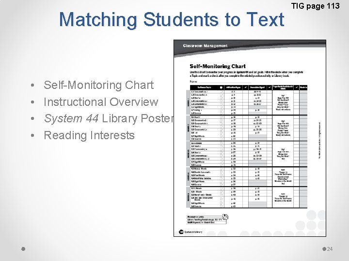 Matching Students to Text • • TIG page 113 Self-Monitoring Chart Instructional Overview System