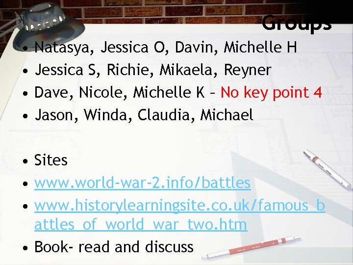 Groups • • Natasya, Jessica O, Davin, Michelle H Jessica S, Richie, Mikaela, Reyner