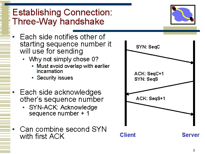 Establishing Connection: Three-Way handshake • Each side notifies other of starting sequence number it