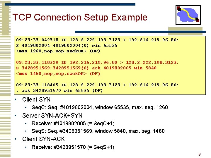 TCP Connection Setup Example 09: 23: 33. 042318 IP 128. 2. 222. 198. 3123