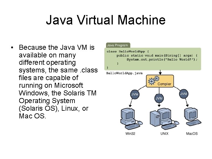 Java Virtual Machine • Because the Java VM is available on many different operating
