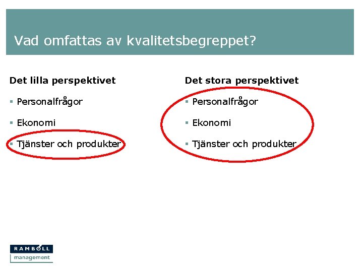 Vad omfattas av kvalitetsbegreppet? Det lilla perspektivet Det stora perspektivet § Personalfrågor § Ekonomi