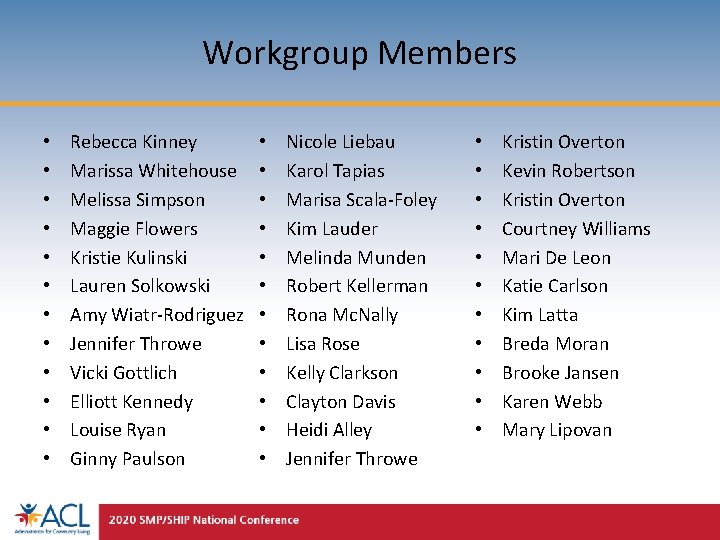 Workgroup Members • • • Rebecca Kinney Marissa Whitehouse Melissa Simpson Maggie Flowers Kristie