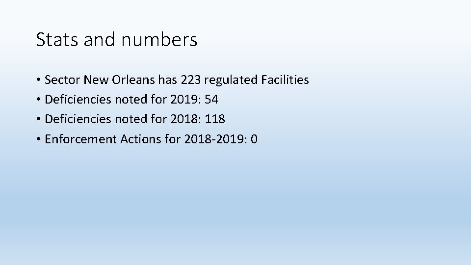 Stats and numbers • Sector New Orleans has 223 regulated Facilities • Deficiencies noted