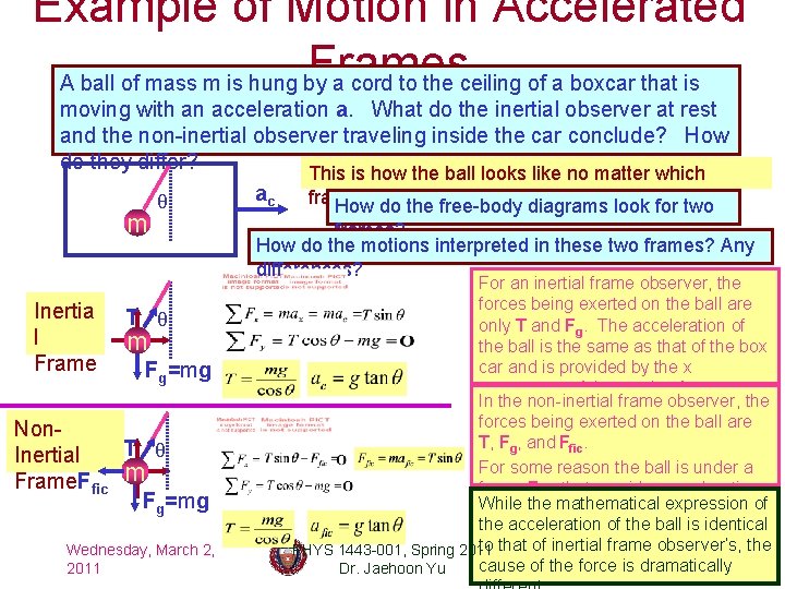 Example of Motion in Accelerated Frames A ball of mass m is hung by