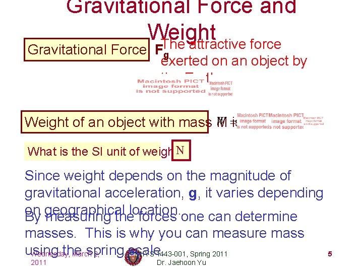 Gravitational Force and Weight The attractive force Gravitational Force, Fg exerted on an object