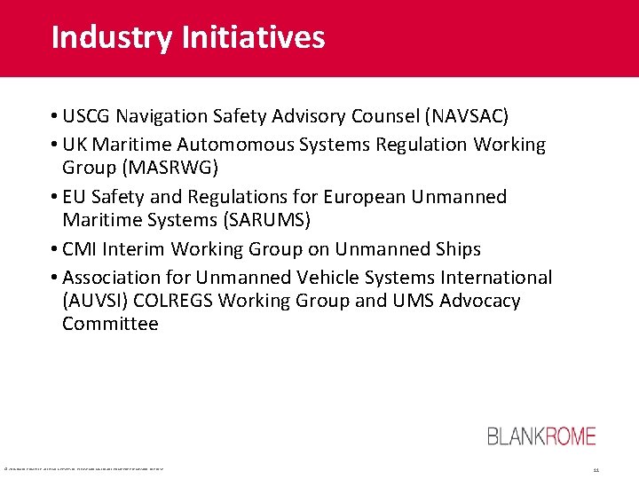 Industry Initiatives • USCG Navigation Safety Advisory Counsel (NAVSAC) • UK Maritime Automomous Systems