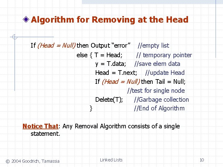 Algorithm for Removing at the Head If (Head = Null) then Output “error” //empty