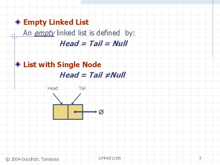Empty Linked List An empty linked list is defined by: Head = Tail =
