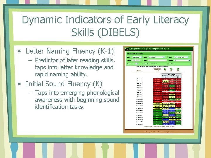 Dynamic Indicators of Early Literacy Skills (DIBELS) • Letter Naming Fluency (K-1) – Predictor