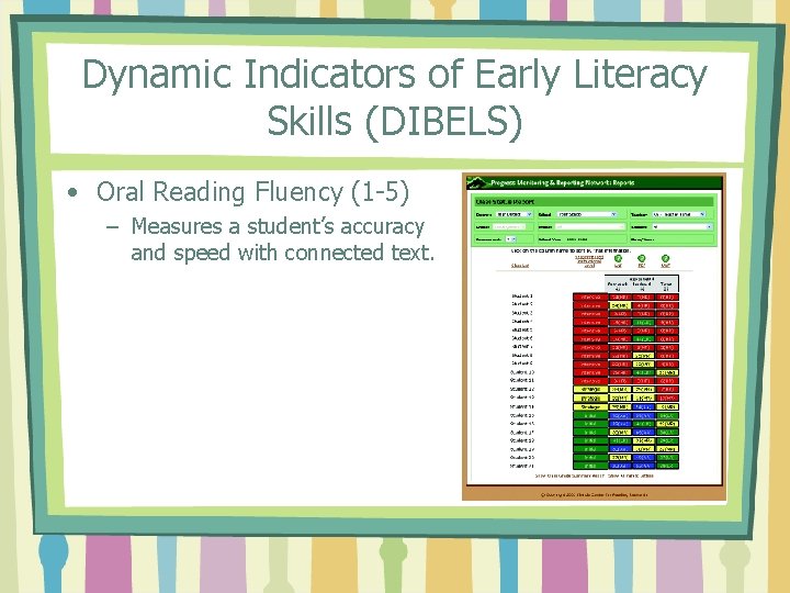 Dynamic Indicators of Early Literacy Skills (DIBELS) • Oral Reading Fluency (1 -5) –