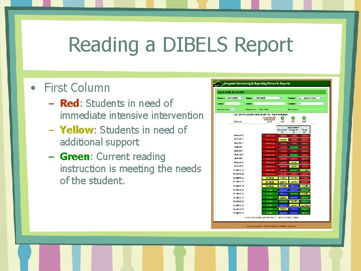 Reading a DIBELS Report • First Column – Red: Students in need of immediate