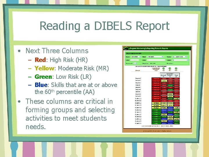 Reading a DIBELS Report • Next Three Columns – – Red: High Risk (HR)