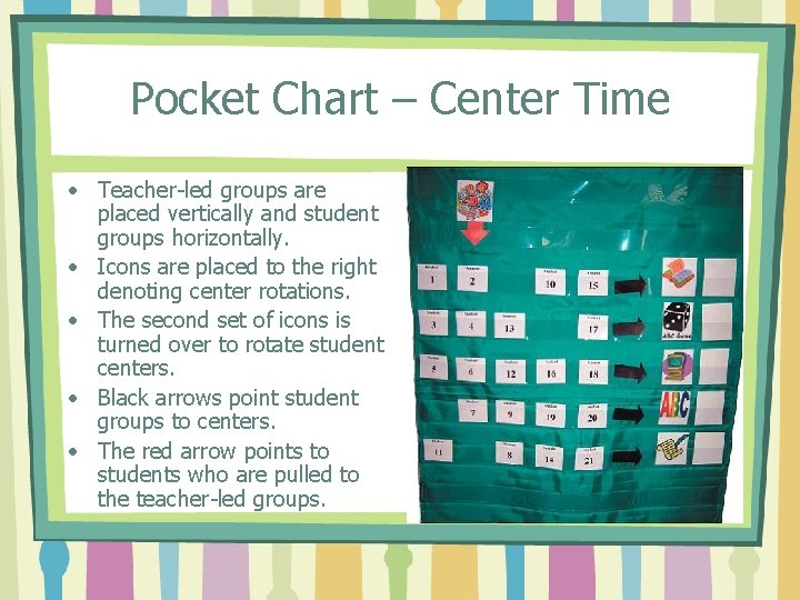 Pocket Chart – Center Time • Teacher-led groups are placed vertically and student groups