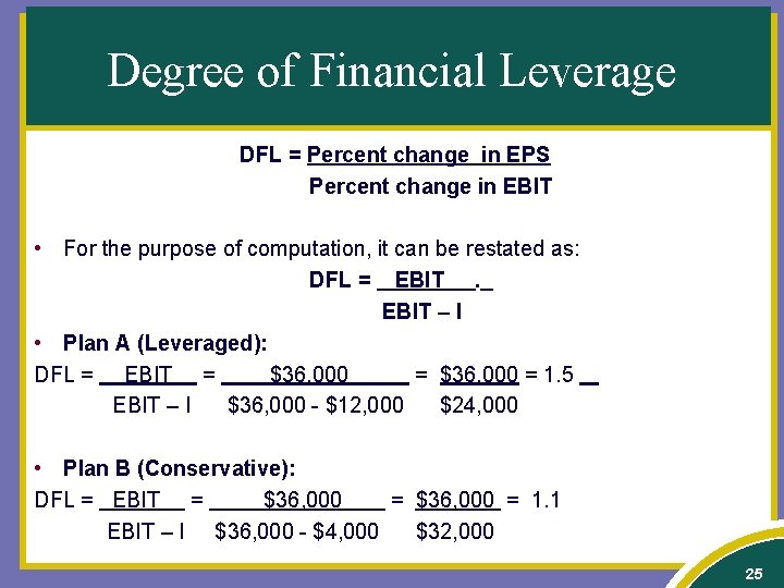 Degree of Financial Leverage DFL = Percent change in EPS Percent change in EBIT