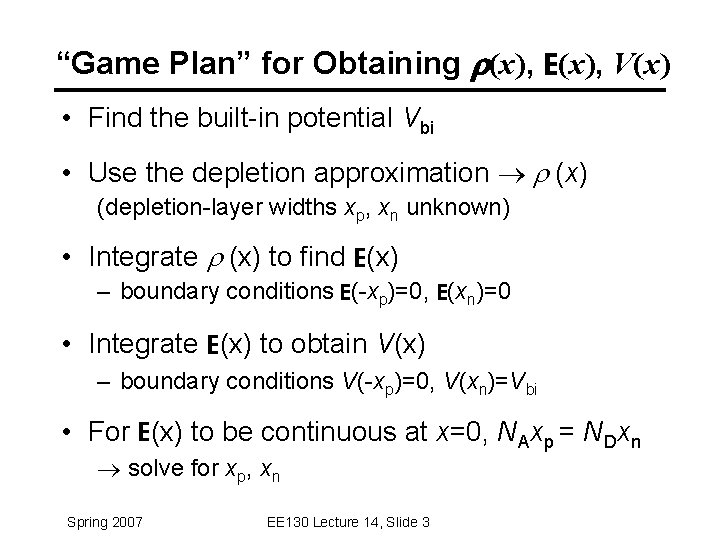 “Game Plan” for Obtaining r(x), E(x), V(x) • Find the built-in potential Vbi •