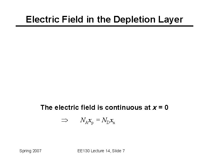 Electric Field in the Depletion Layer The electric field is continuous at x =