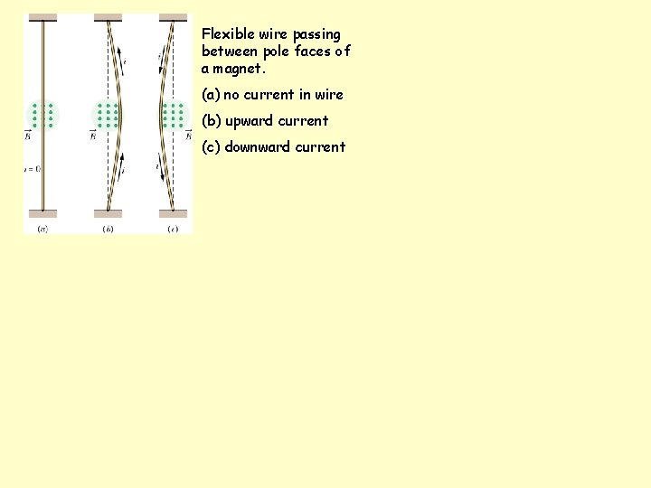 Flexible wire passing between pole faces of a magnet. (a) no current in wire