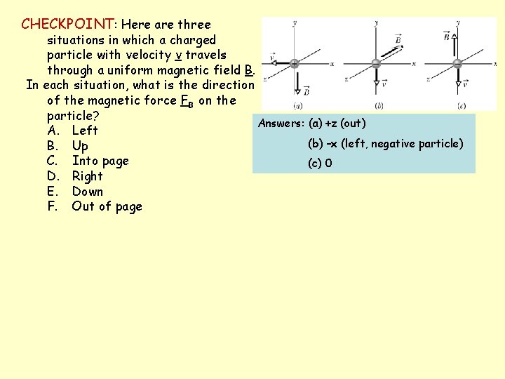CHECKPOINT: Here are three situations in which a charged particle with velocity v travels