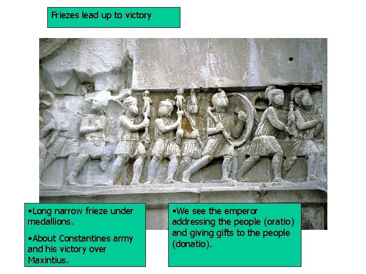 Friezes lead up to victory • Long narrow frieze under medallions. • About Constantines
