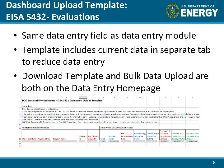 Dashboard Upload Template: EISA S 432 - Evaluations • Same data entry field as