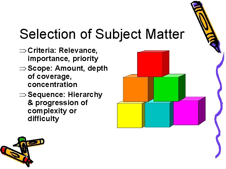 Selection of Subject Matter Þ Criteria: Relevance, importance, priority Þ Scope: Amount, depth of