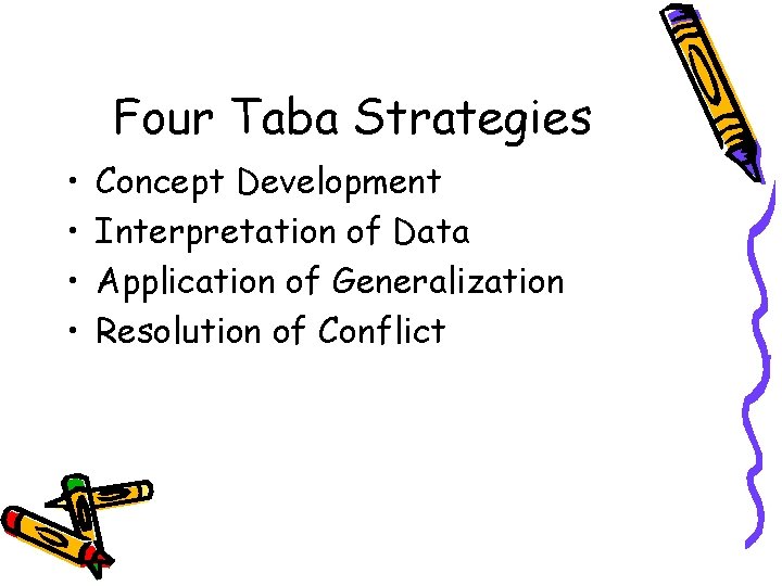 Four Taba Strategies • • Concept Development Interpretation of Data Application of Generalization Resolution