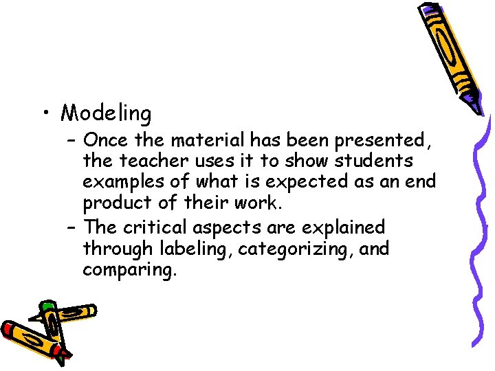  • Modeling – Once the material has been presented, the teacher uses it